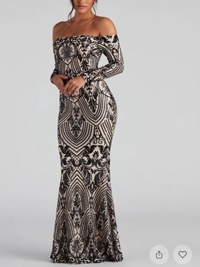 Windsor Off-Shoulder Black & Nude Sequin Gown